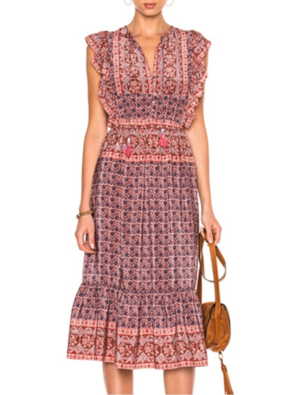 Sea New York Selene Silk Floral Ruffle Midi Dress - Pink and Blue 6
